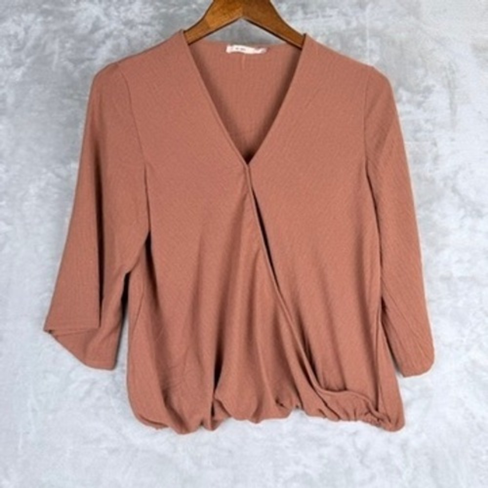 Women Blouse top cooper Rusty Orange Textured Faux Wrap Cinched Hem Top M